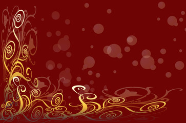 Arabesques orange sur fond rouge et bulles