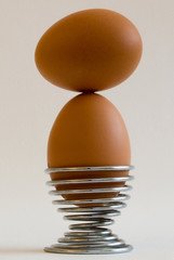 Eggs in steel spring shaped eggcup