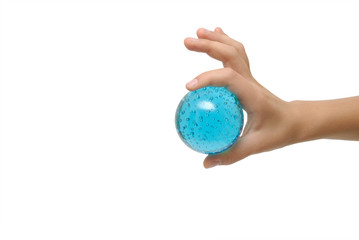 Hand with blue sphere isolated on the white background