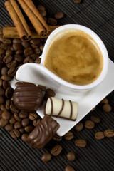 Cup of coffee with chocolate candies