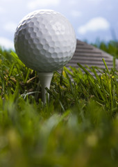 Close up of a golf ball on the tee