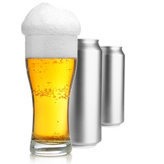 Beer glass and two cans isolated over white background