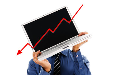 business person holding a laptop financial crisis