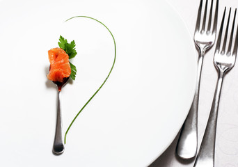 Food Still Life Flatware, Fish and Green. Abstract Flower