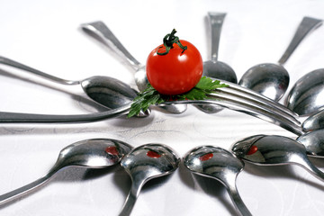 Food Still Life with Flatware and Cherry Tomato
