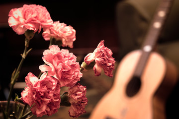 A bouquet of pink carnations with a guitar on the background