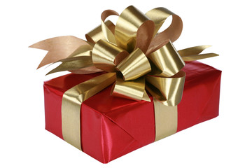 Red present with gold bow and ribbons