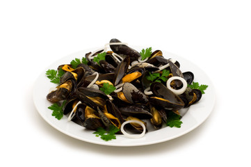 boiled mussels on white background