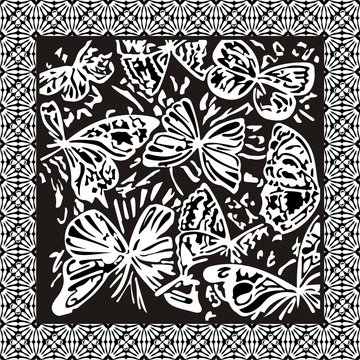Abstract pattern from black-and-white butterflies in a framework