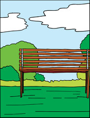 Hand drawn vector illustration of park and bench.
