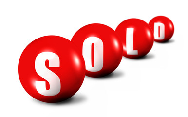 red Sold word made of spheres on white background,
