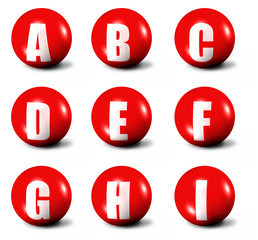 alphabet made of red 3D spheres - set one, letters from A to I