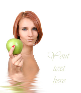 healthy young girl with hresh green apple