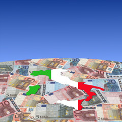Italy map flag on euros globe illustration