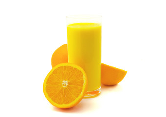 Glass of orange juice and oranges isolated