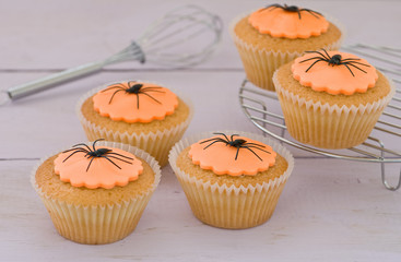 Halloween spider cakes freshly baked and iced