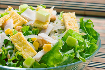 lettuce salad with sweet corn and turkey ham