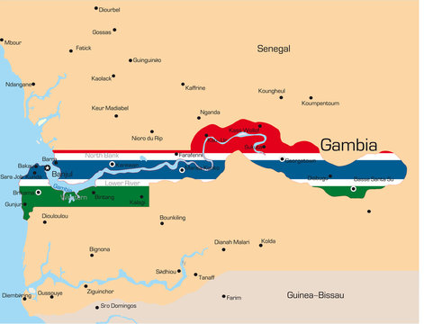 map of Gambia country colored by national flag..