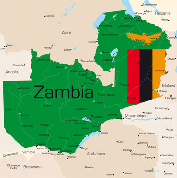 map of Zambia country colored by national flag.