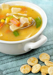 Home-made chicken vegetable and noodle soup