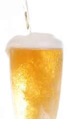 Beer being poored onto tall glass over white background