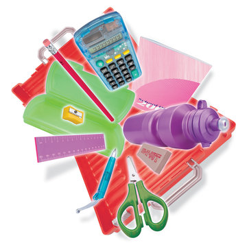 School case with flying stationery.