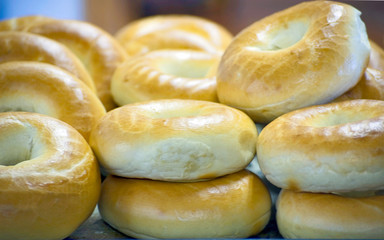 A bakery shows off their freshly baked bagels