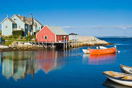 Fisherman's house and boats in a bay. Peggy's cove, Canada.