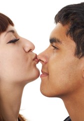 Kiss. Happy loving couple on a white background