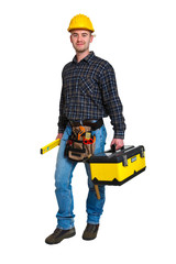 isolated young worker with tool box
