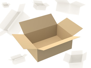 Open empty cardboard 3d box. Object over white