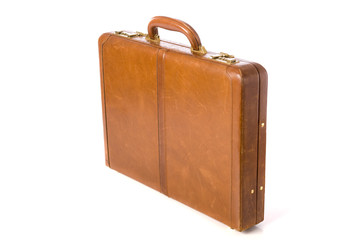 A brown leather briefcase or attache on a white background