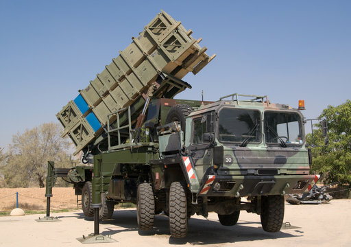 Anti-aircraft ground-air missile system on heavy vehicle.
