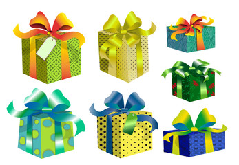 Sept paquets cadeaux bleu, vert et jaune