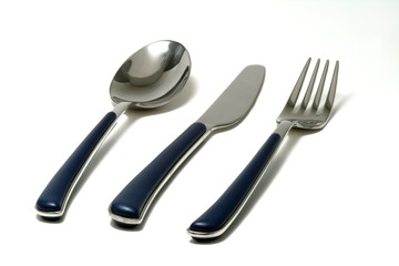 Spoon knife and fork on white background