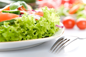 Fresh salad with onion, tomato and basil
