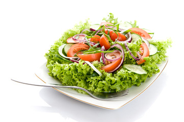Fresh salad with onion, tomato and basil