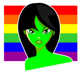 Green face of beauty girl on colored background. Vector.