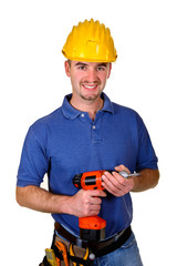 isolated young caucasian man tool with red drill