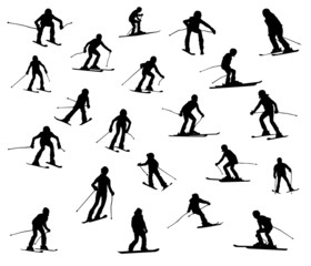 Twenty one silhouette of skiers.
