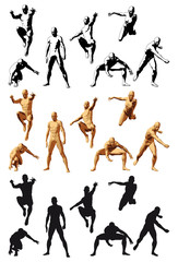 Super hero silhouette various poses, color and bw, Vector