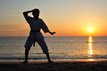 Young boy in karate uniform training at sunset