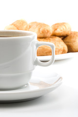 Appetizing pie and cup of coffee on a white background