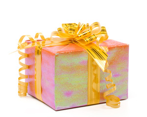 Shiny gift box with ribbon on a white background