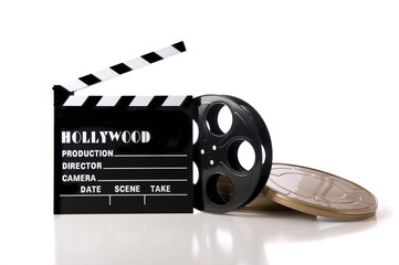 Hollywood movie items including a clapboard and a movie reel