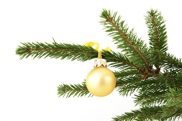 Gold christmas ball hanging on a christmas tree