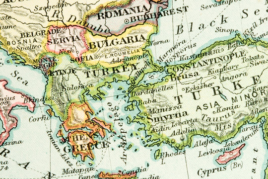 Vintage (1907 copyright-expired) map showing countries