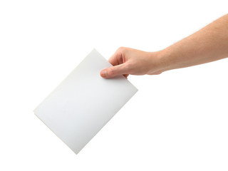 Hand with ballot isolated on white background