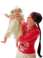 Happy baby with mom isolated on white