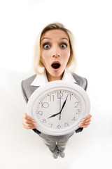 Fish-eye of businesswoman opening her mouth